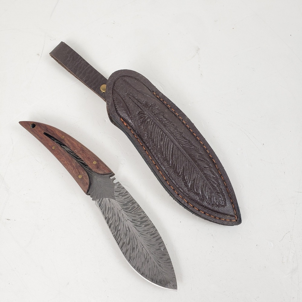 Custom Damascus Steel Feather Blade Hunting Knife Wood Handle Leather Sheath 8in